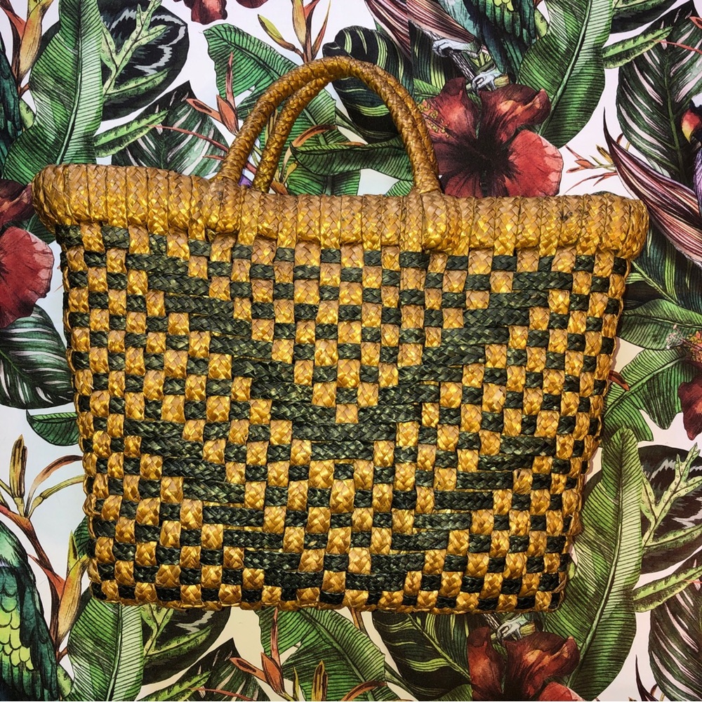 Woven Two-Tone Straw Tote Bag in Mustard and Forest Green